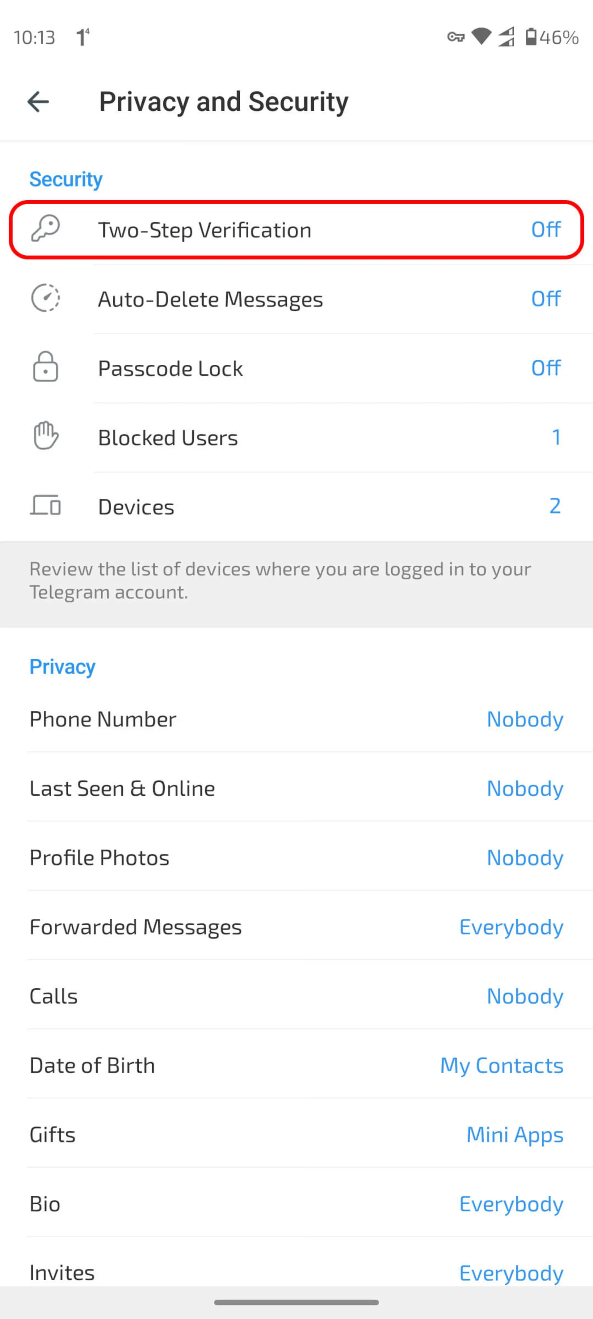 بخش حریم خصوصی و امنیت (Privacy and Security) تلگرام