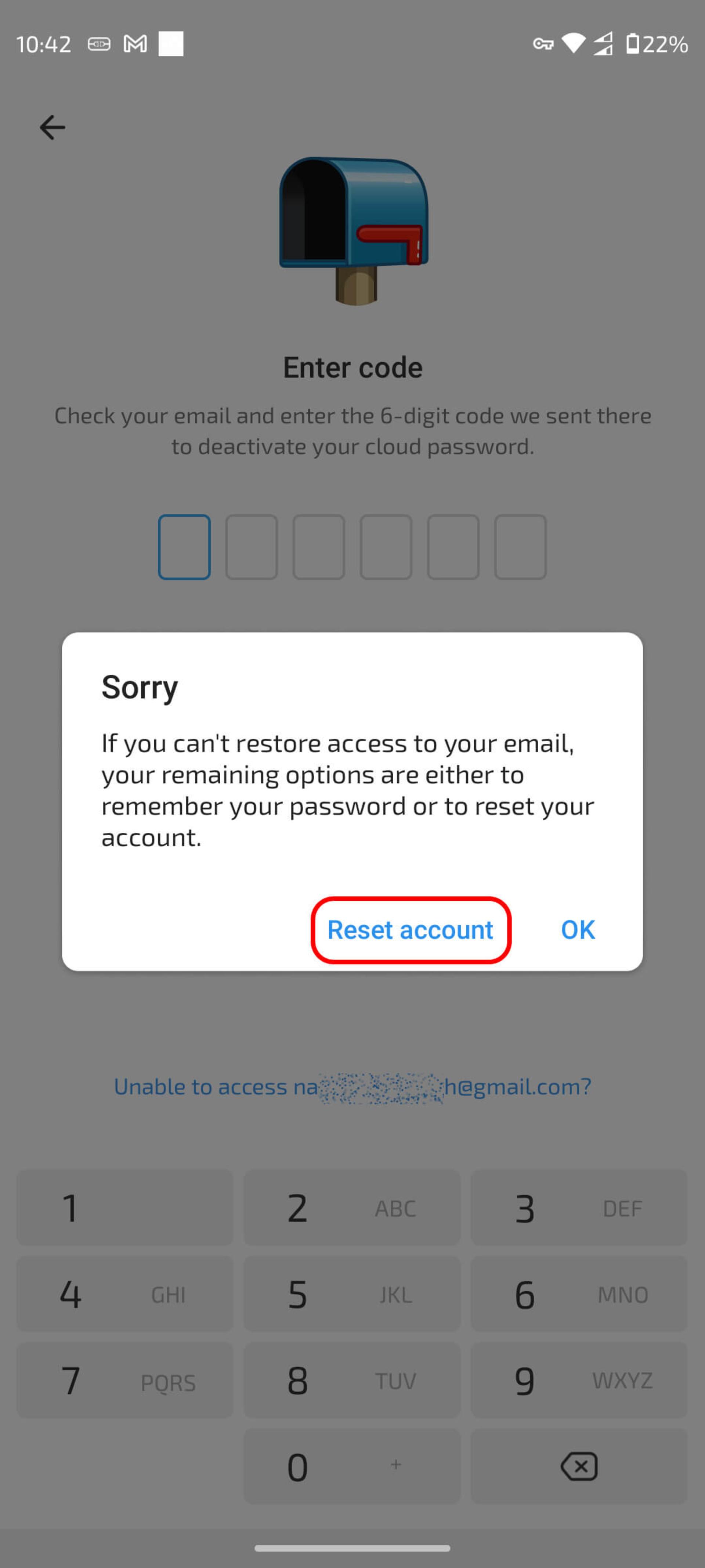 انتخاب گزینه reset account در تلگرام