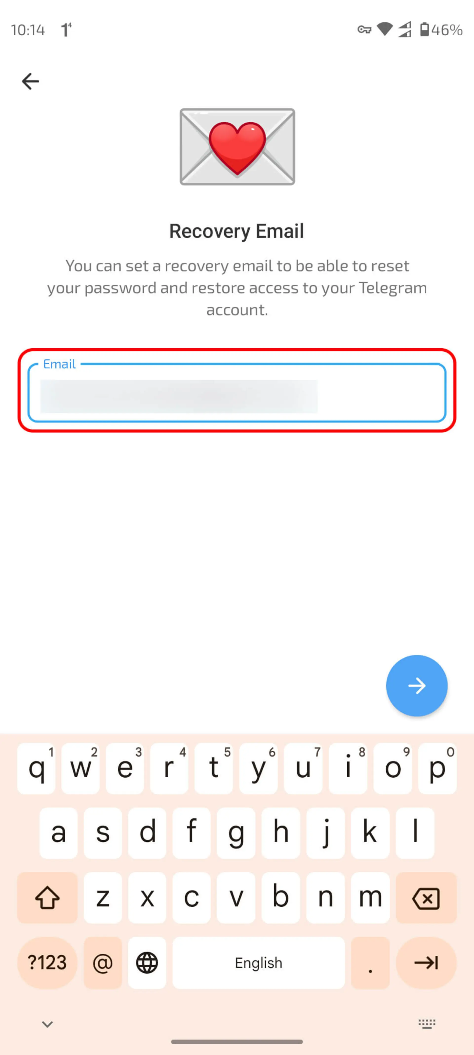 ایمیل بازیابی برای Two Step Verification در تلگرام