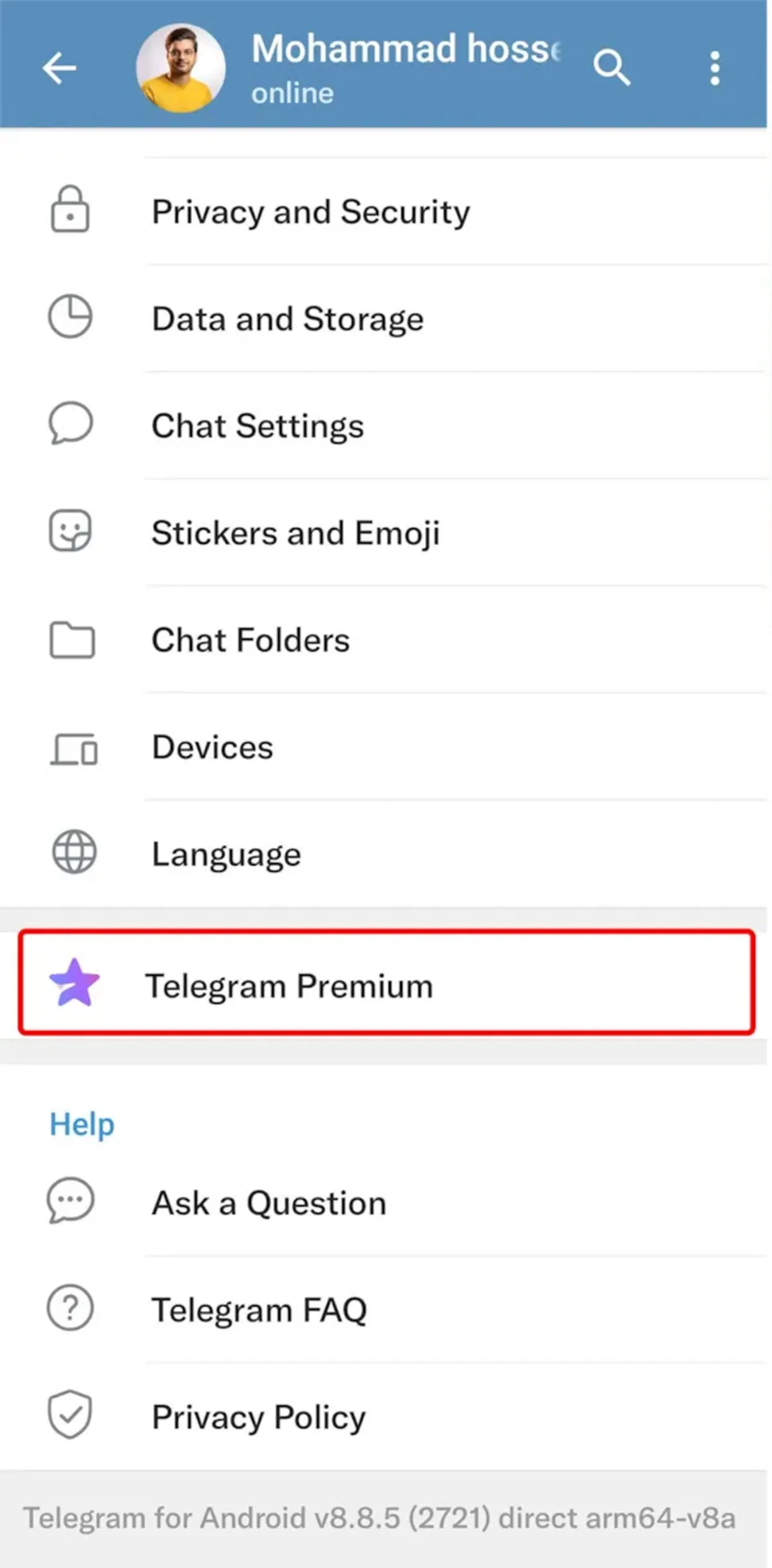 کلیک روی گزینه تلگرام پریمیوم در صفحه تنظیمات