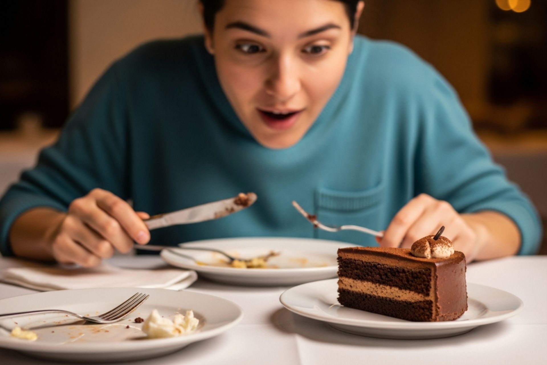 نگاه وسوسه‌انگیز به کیک شکلاتی بعد از یک وعده غذای کامل