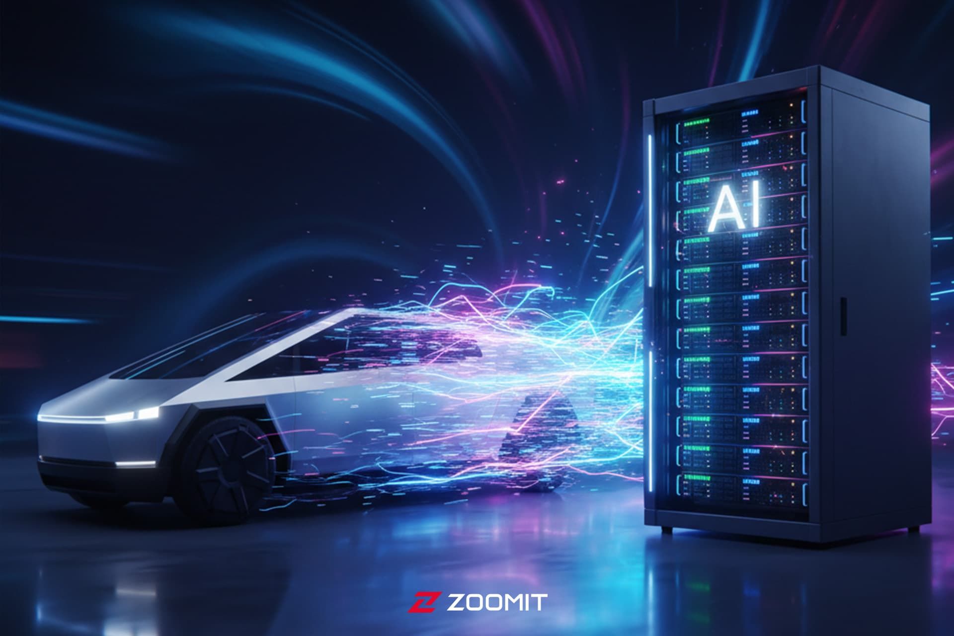 خودرو تسلا در کنار نمایی از دیتاسنتر هوش مصنوعی