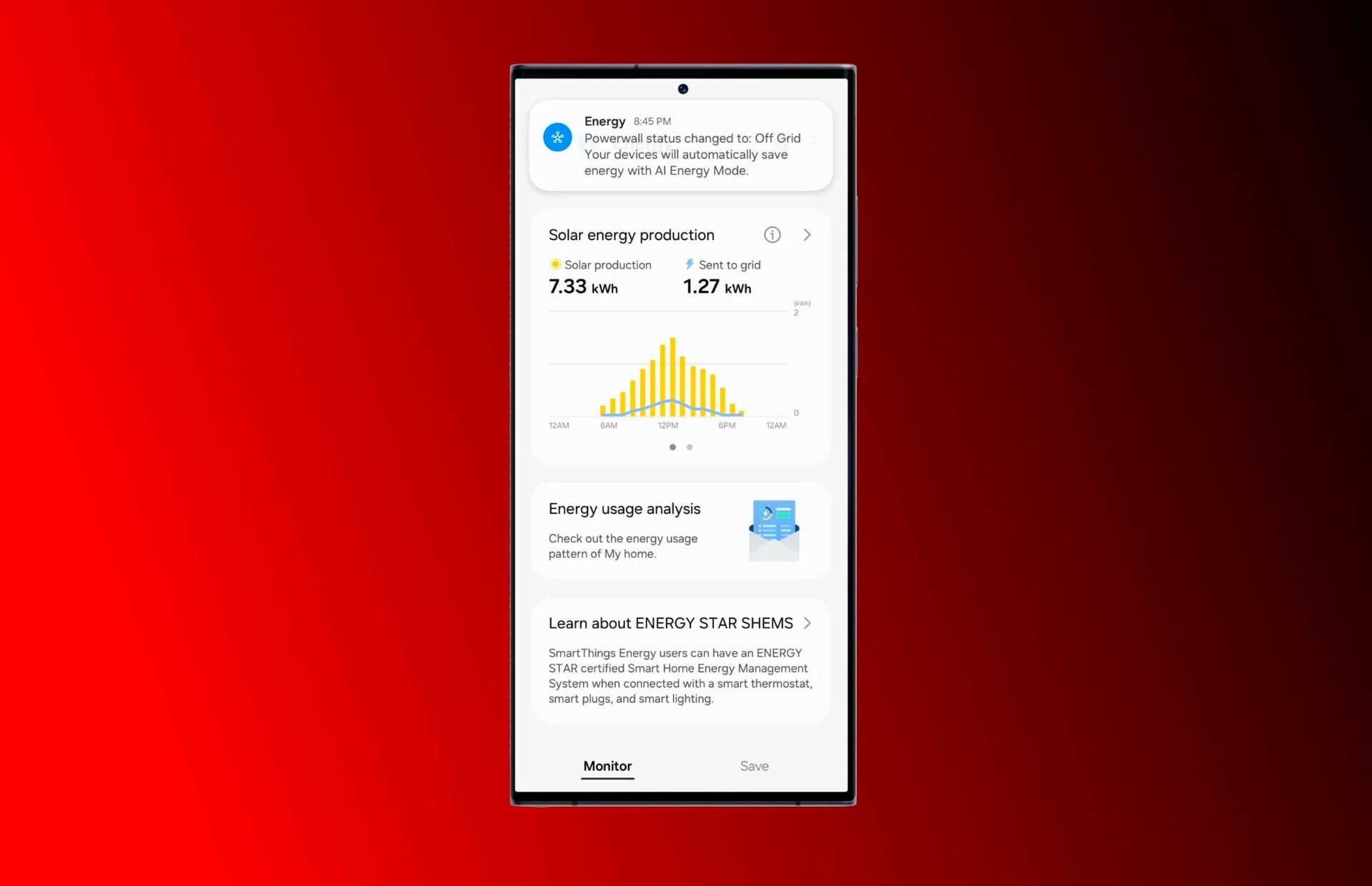 اپلیکیشن تسلا روی گوشی سامسونگ پس زمینه قرمز و مشکی