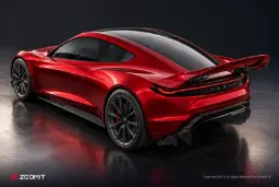 خودروی اسپرت قرمز رنگ تسلا (Tesla) با طراحی مدرن و بدنه براق