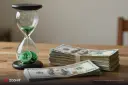 ساعت شنی حاوی سکه‌های بیت‌کوین (Bitcoin) در کنار دسته‌های اسکناس دلار