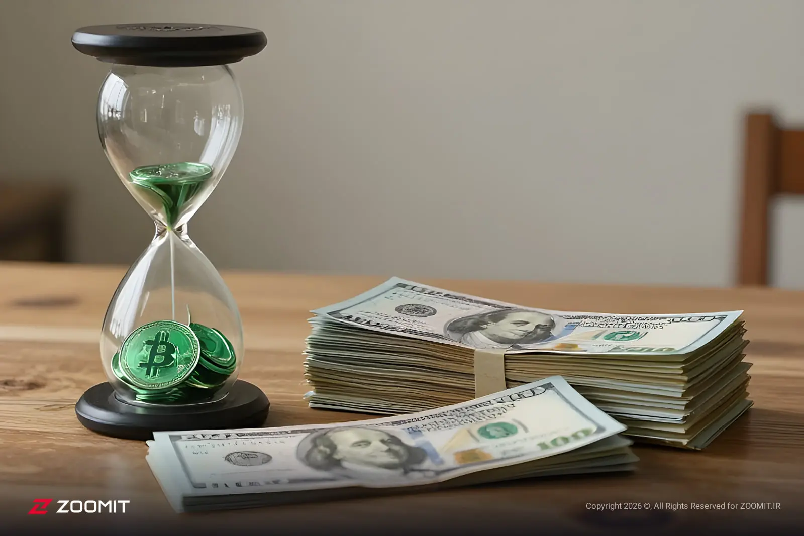 ساعت شنی حاوی سکه‌های بیت‌کوین (Bitcoin) در کنار دسته‌های اسکناس دلار