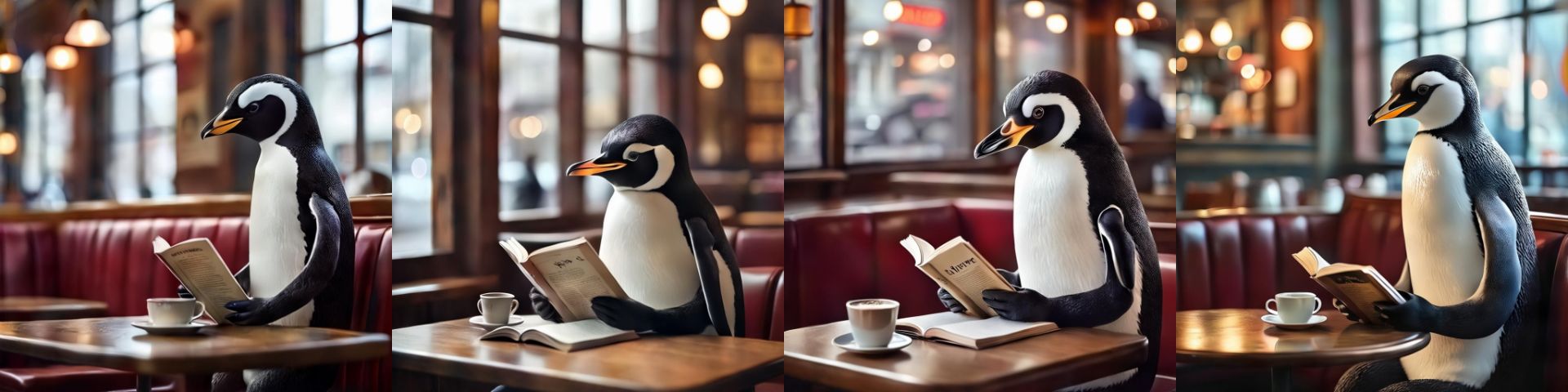 تصاویر ساخته شده از متن که پنگوئن را نشان می دهد که کتاب می خواند و قهوه می نوشد