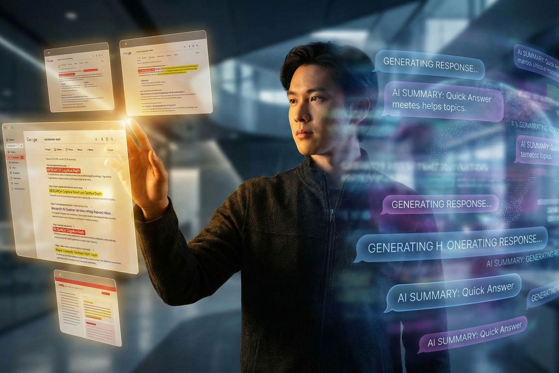 مقایسه یادگیری انسان با موتور جست‌وجو و چت‌بات‌های هوش مصنوعی؛ نیمه‌ای از تصویر با پنجره‌های جست‌وجوی وب و لینک‌های متنوع روشن شده و نیمه دیگر در میان حباب‌های گفت‌وگوی هوش مصنوعی با جزئیات محو و مبهم