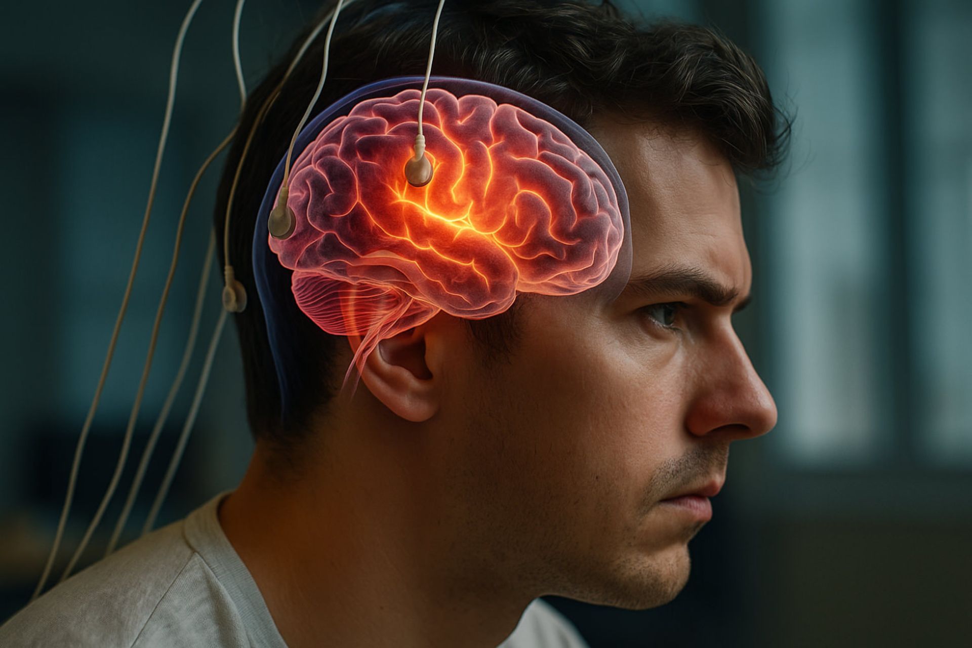 نمای نزدیک از صورت مرد جوانی با الکترودهای EEG روی سرش؛ نیم‌کره‌ی چپ مغز به‌صورت گرافیکی و درخشان نمایش داده شده و فعالیت مغزی را نشان می‌دهد.