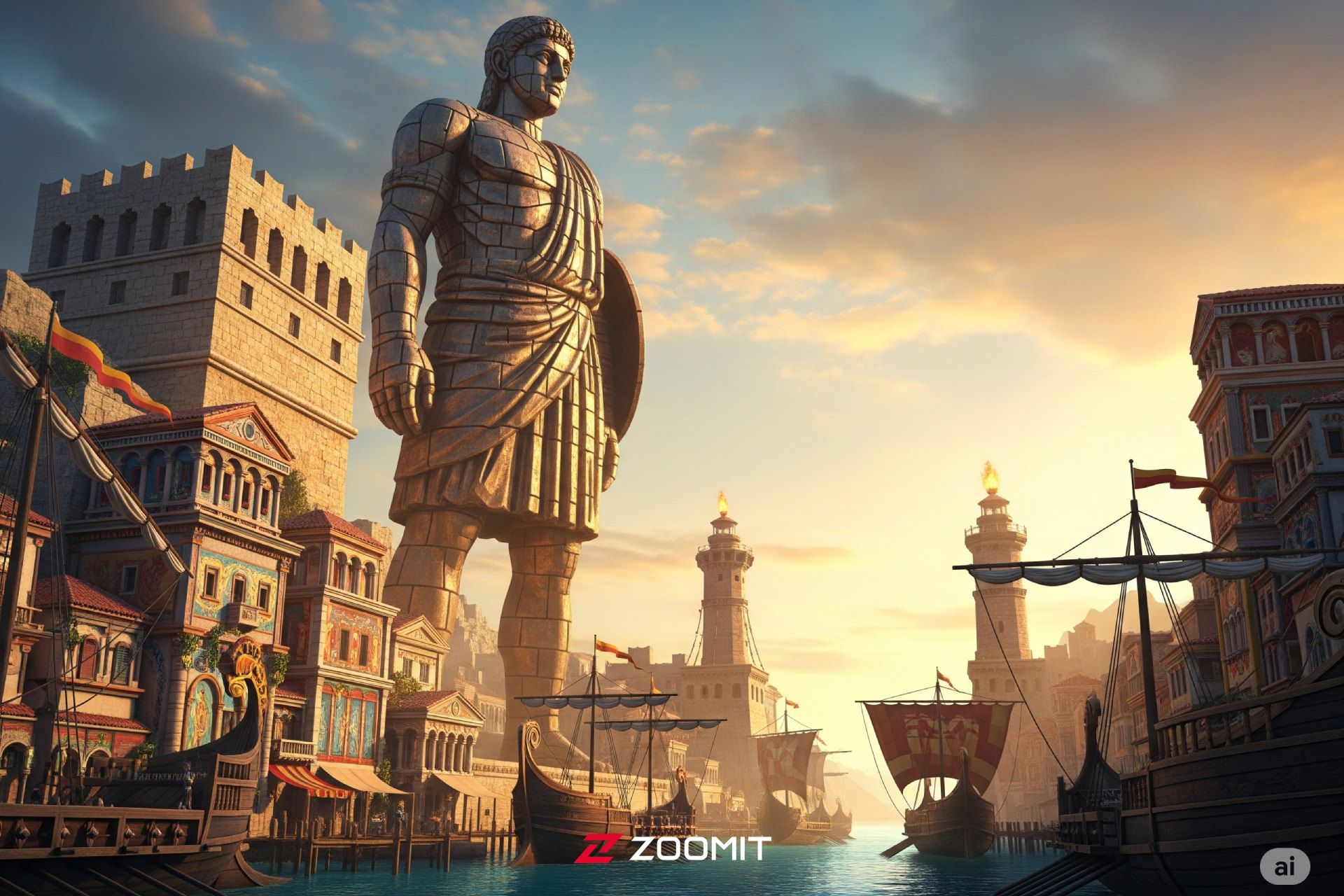 تندیس غول‌پیکر رودس در نمای نیم‌رخ با پس‌زمینه بندر باستانی و نور گرم مدیترانه‌ای