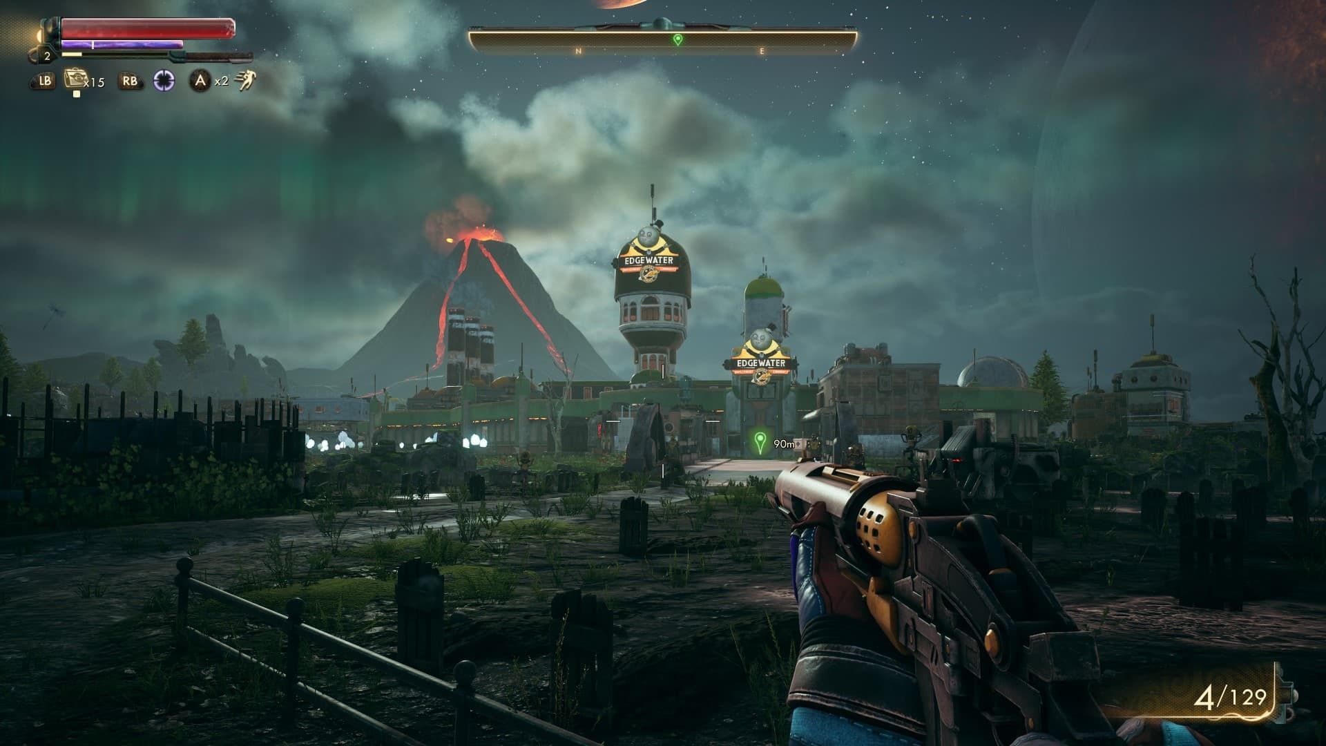 شخصیت اصلی با یک اسلحه در محیط بازی - یک آتشفشان در دوردست