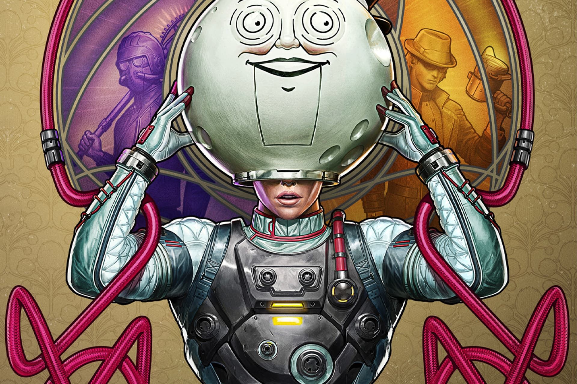 پوستر بازی The Outer Worlds شامل یک فضانورد با کلاه  فضایی فانتزی