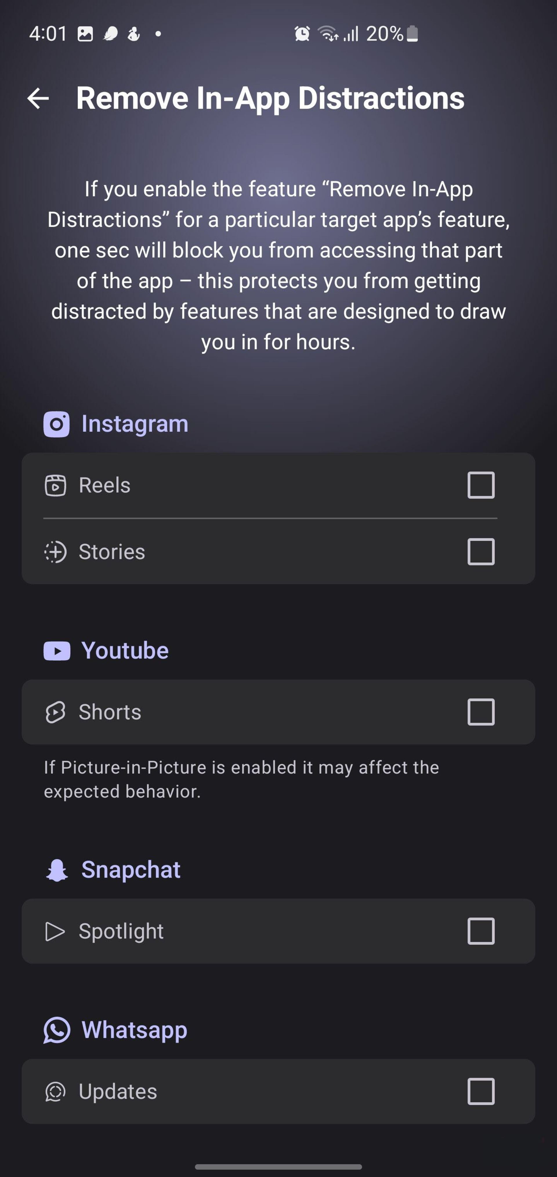 منوی حذف عوامل حواس‌پرتی درون‌برنامه‌ای در وان سک