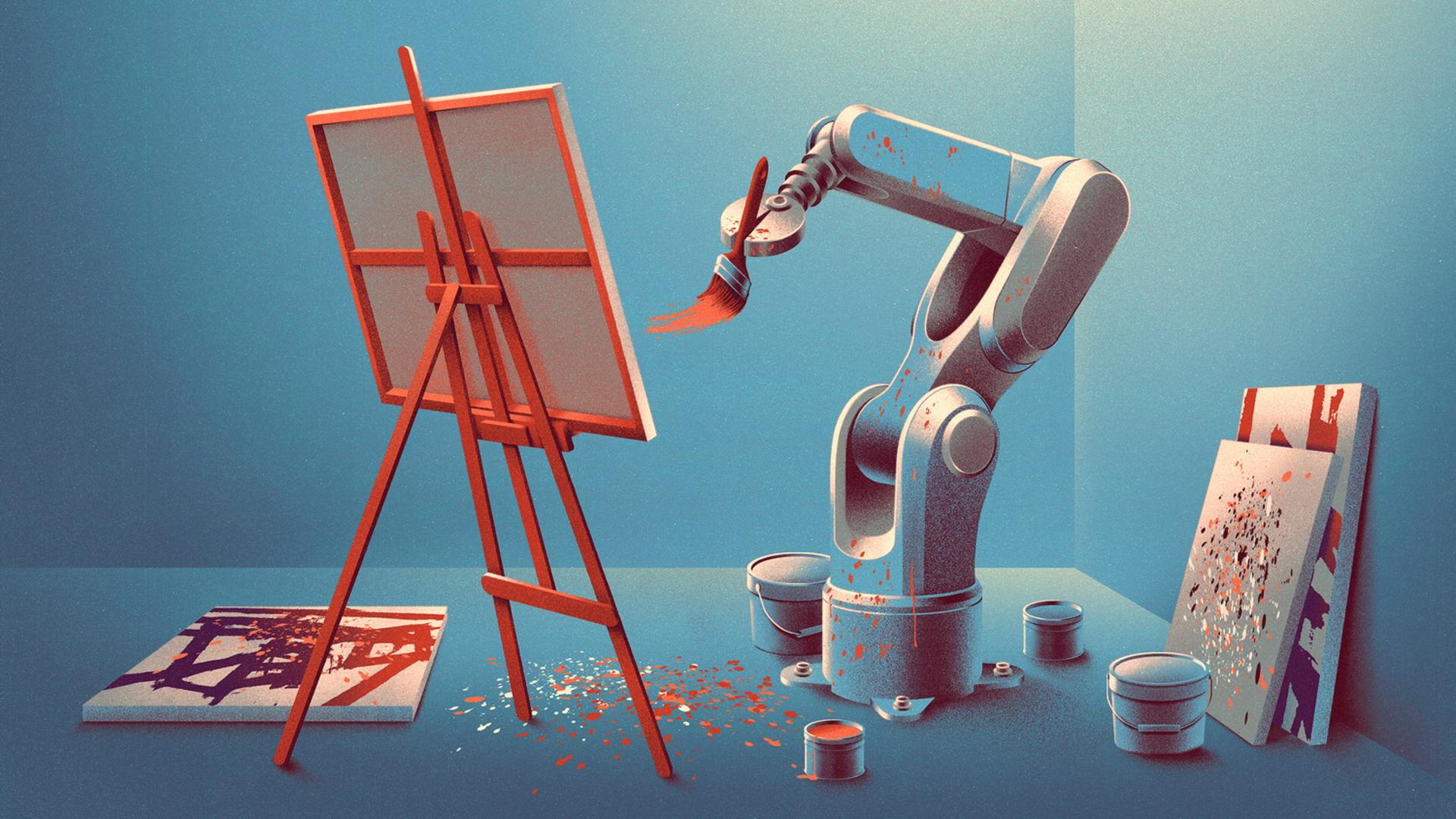 تصویر گرافیکی از بازوی رباتیکی در حال نقاشی کشیدن