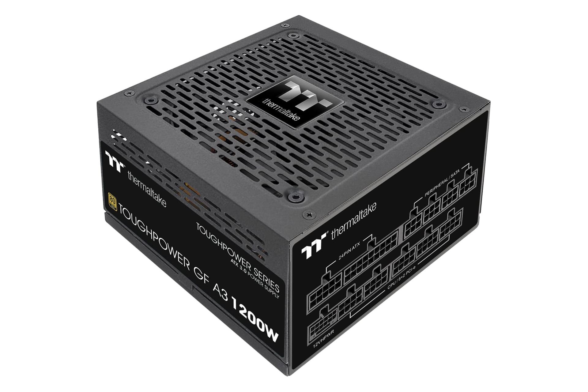 نمای نیمرخ پاور کامپیوتر ترمالتیک Toughpower GF A3 با توان 1200 وات با نمایش لوگو، اتصالات و فن