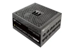 نمای نیمرخ پاور کامپیوتر ترمالتیک Toughpower GF3 با توان 1350 وات با نمایش لوگو، فن و اتصالات