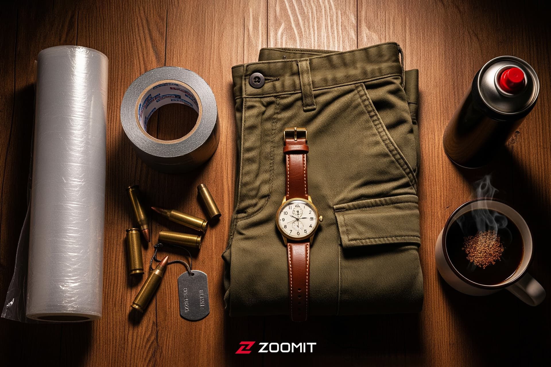 طرح هوش مصنوعی از چسب نواری، ساعت مچی، شلوار، اسپری و فنجان قهوه روی میز 