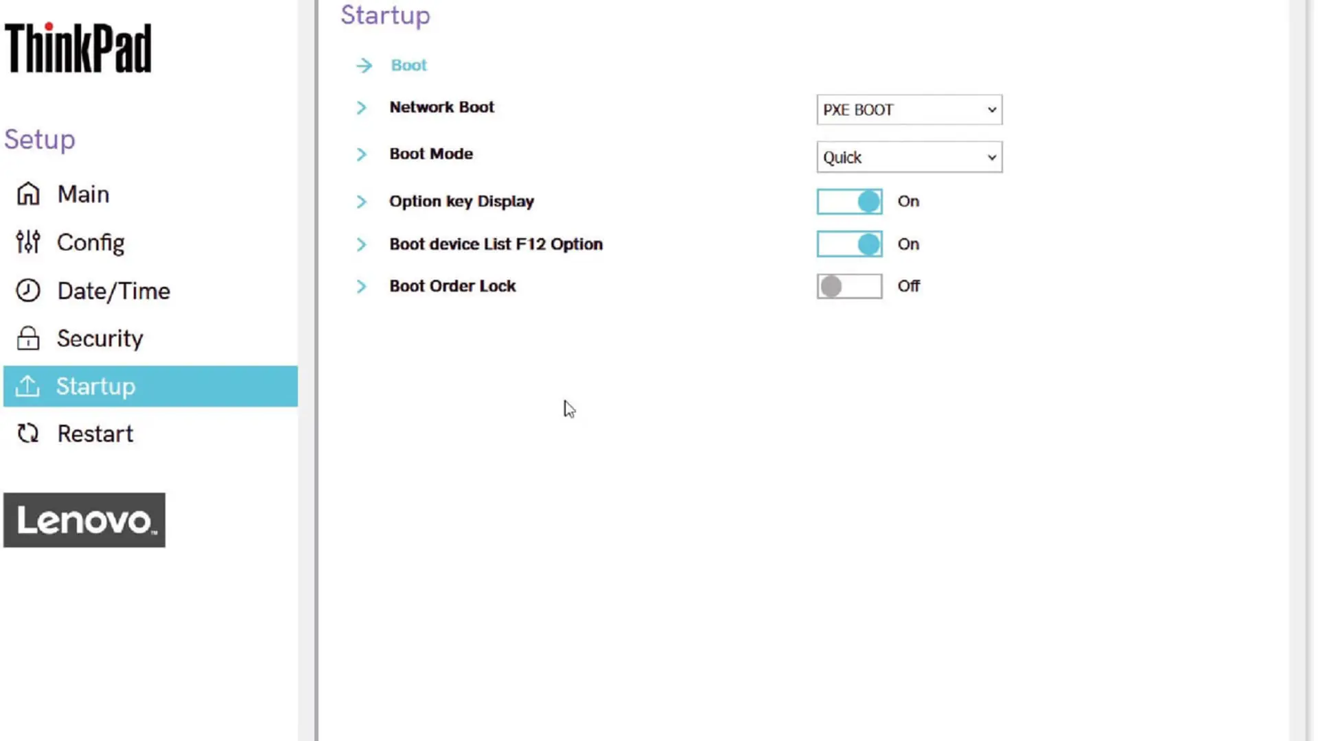 منوی تنظیمات استارتاپ (Startup) در بایوس لپ‌تاپ ThinkPad برای مدیریت بوت