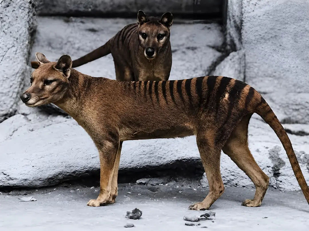 دو حیوان تایلایسین (Thylacine) با خطوط سیاه روی بدن در محیط باغ‌وحش