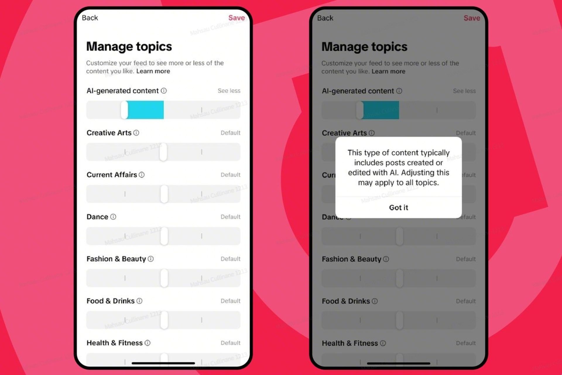 اسلایدر کنترل نمایش محتوای هوش مصنوعی در اپ تیک‌تاک