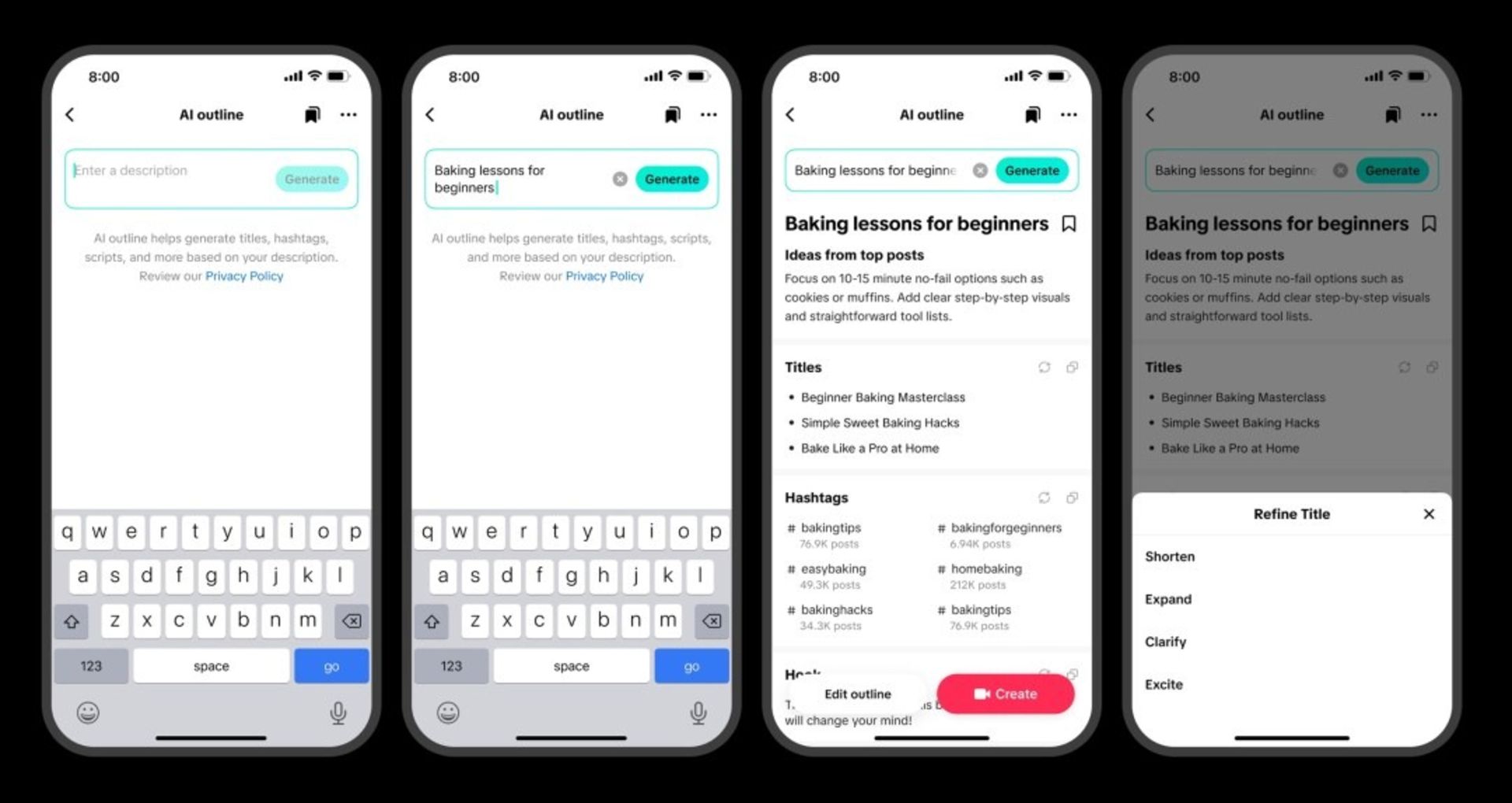 ابزار هوش مصنوعی AI Outline تیک‌تاک برای پیشنهاد تولید محتوا