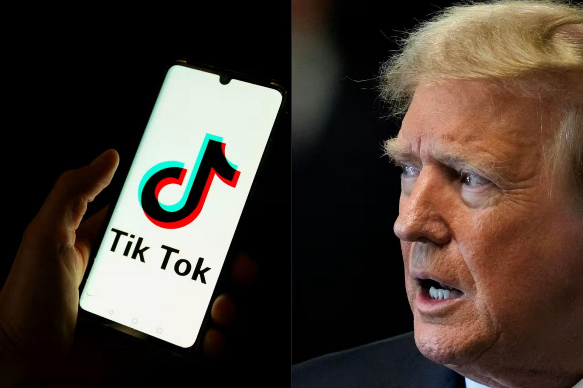 نیم رخ دونالد ترامپ و یک گوشی با پلتفرم تیک‌تاک
