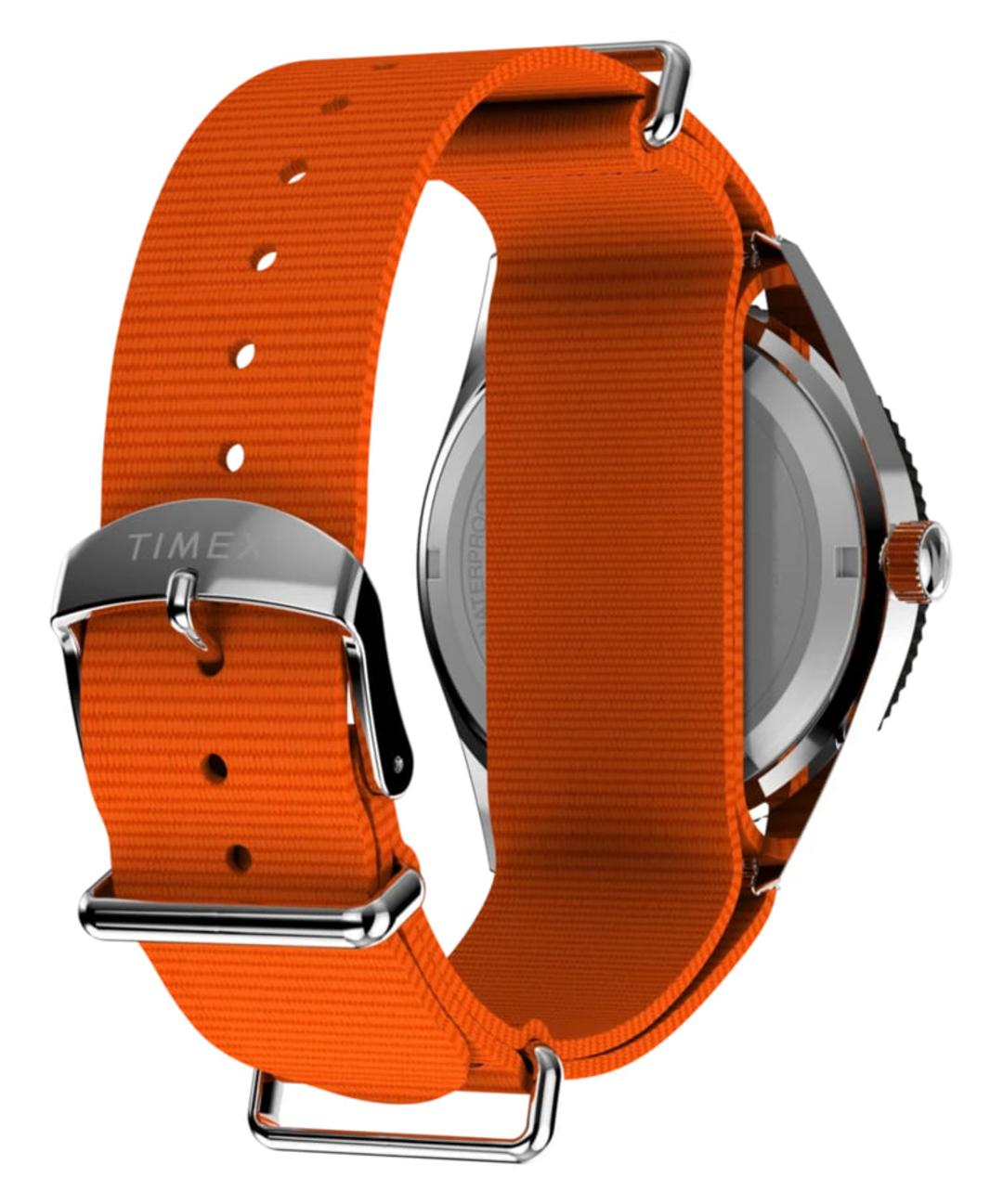 ساعت مچی تایمکس (Timex) با بند نایلونی نارنجی و بدنه استیل