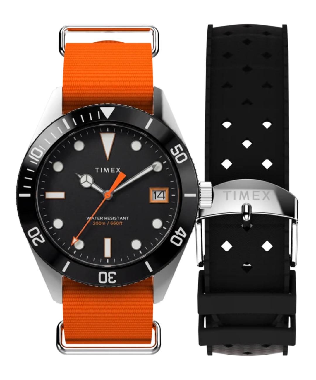 ساعت مچی تایمکس (Timex) با صفحه مشکی و بند نارنجی