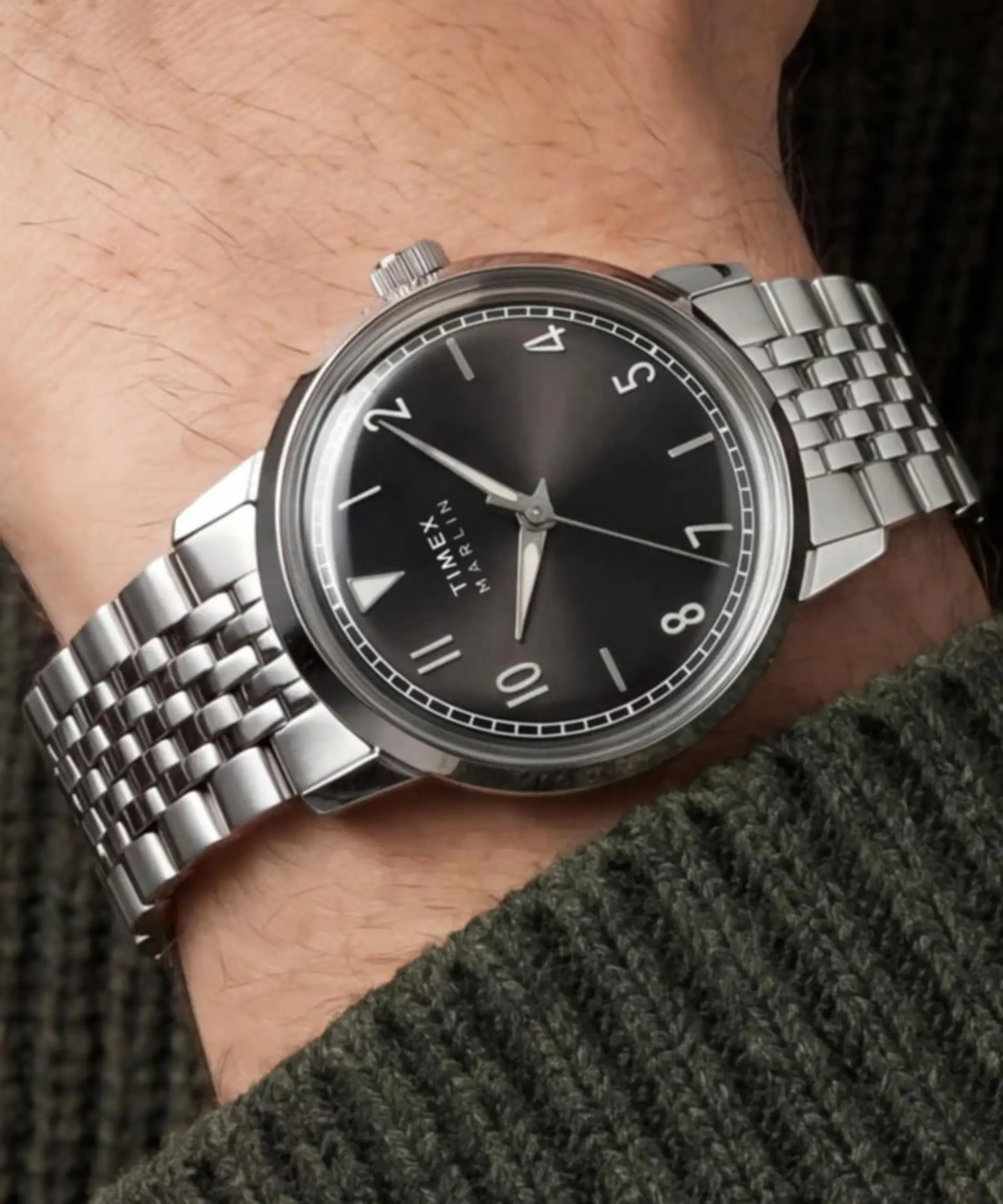 ساعت ملمار کوارتز (Timex Marlin Quartz) با صفحه مشکی و بند استیل
