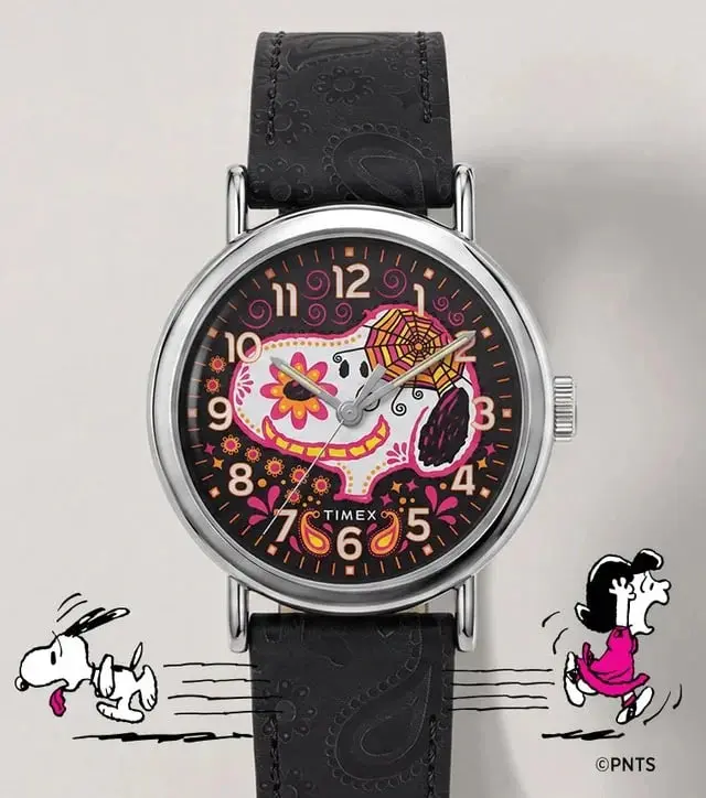 ساعت مچی تایمکس (Timex) با طرح شخصیت‌های Peanuts و نقوش روز مردگان