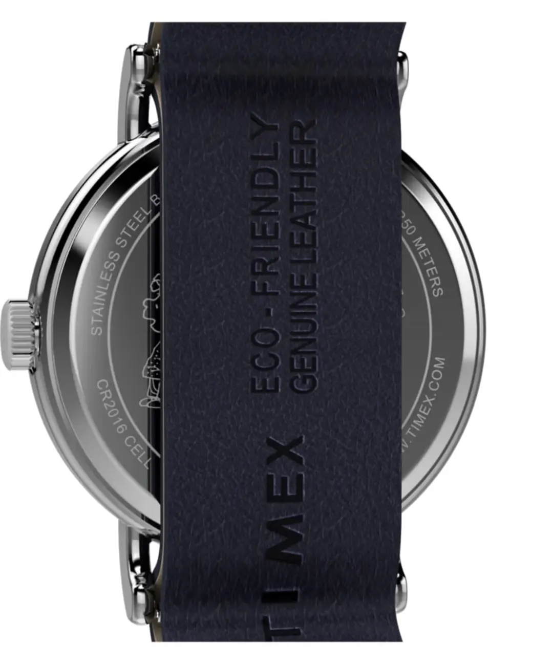 پشت ساعت تایمکس (Timex) با بند چرمی سرمه‌ای و بدنه استیل