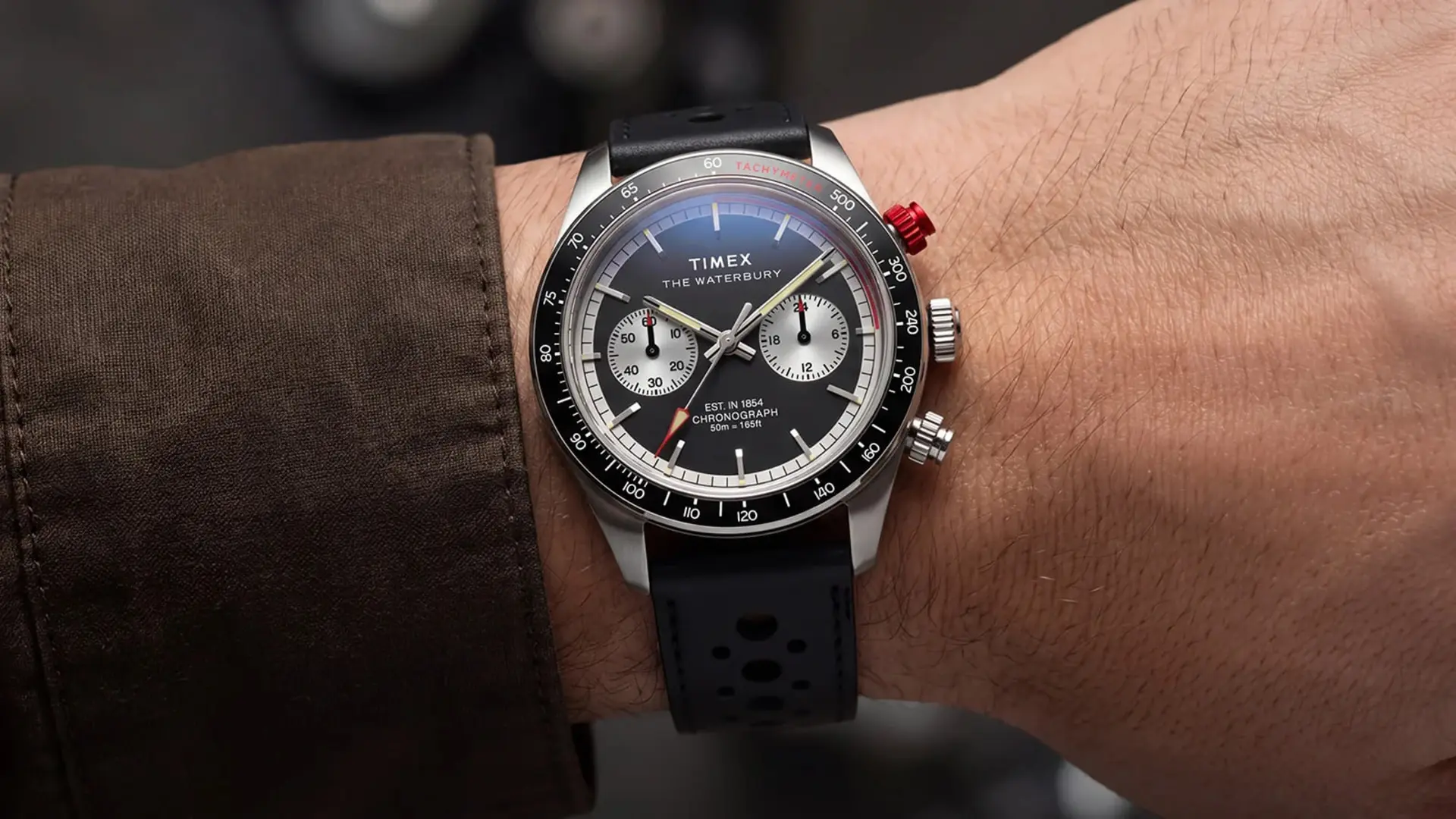 ساعت مچی تایمکس (Timex) مدل Waterbury Heritage با صفحه کرونوگراف و بند چرمی مشکی