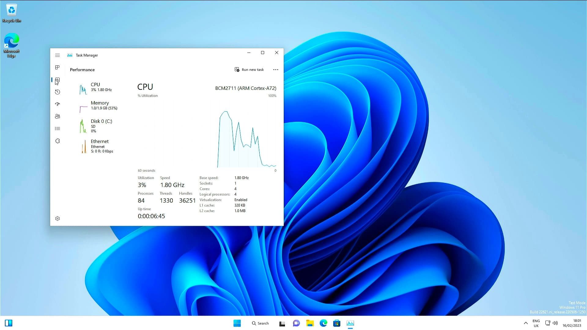 تسک منیجر سیستم عامل Tiny11 روی رزبری پای ۴
