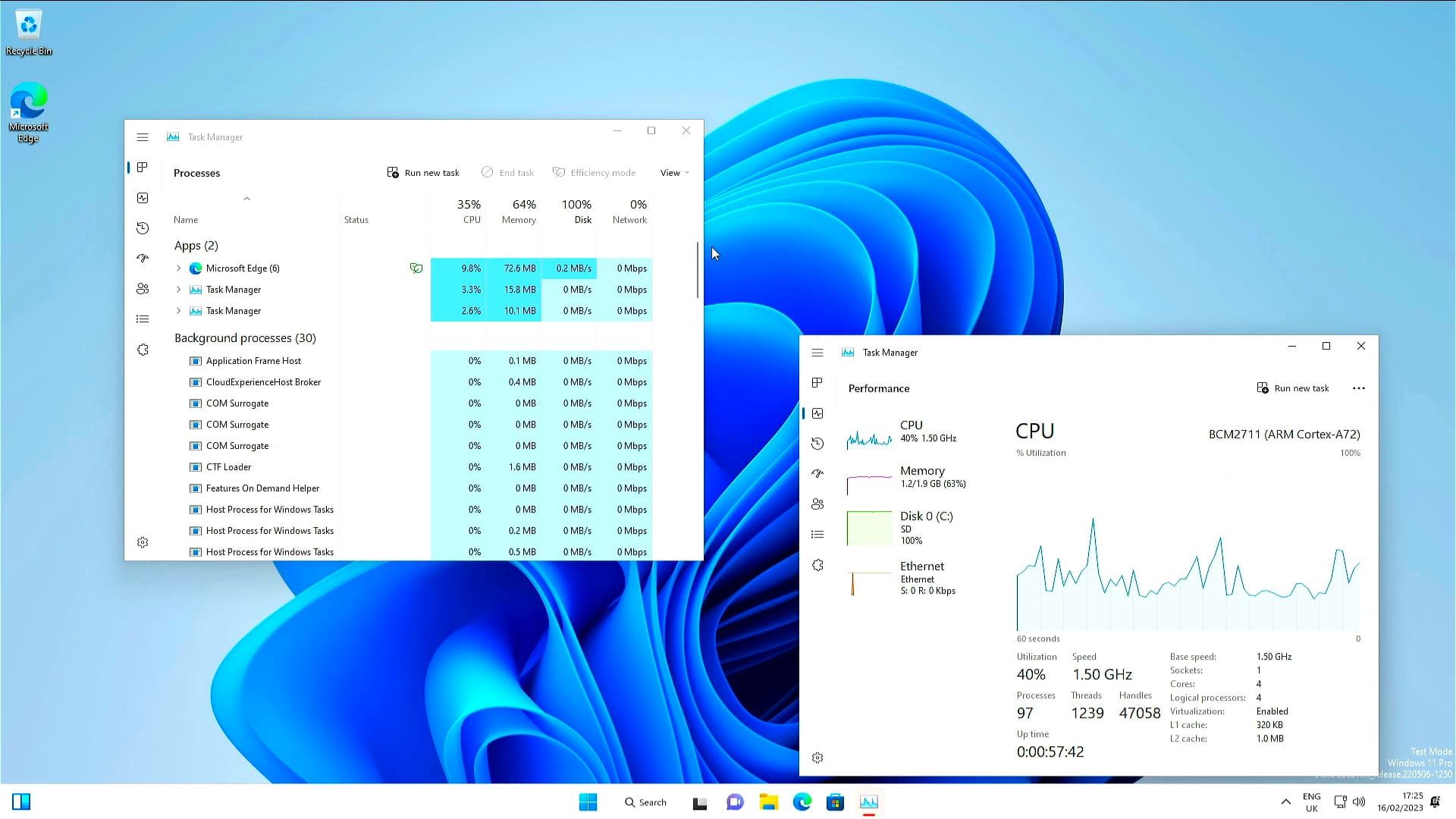 آمار پردازنده و رم سیستم عامل Tiny11 روی رزبری پای ۴