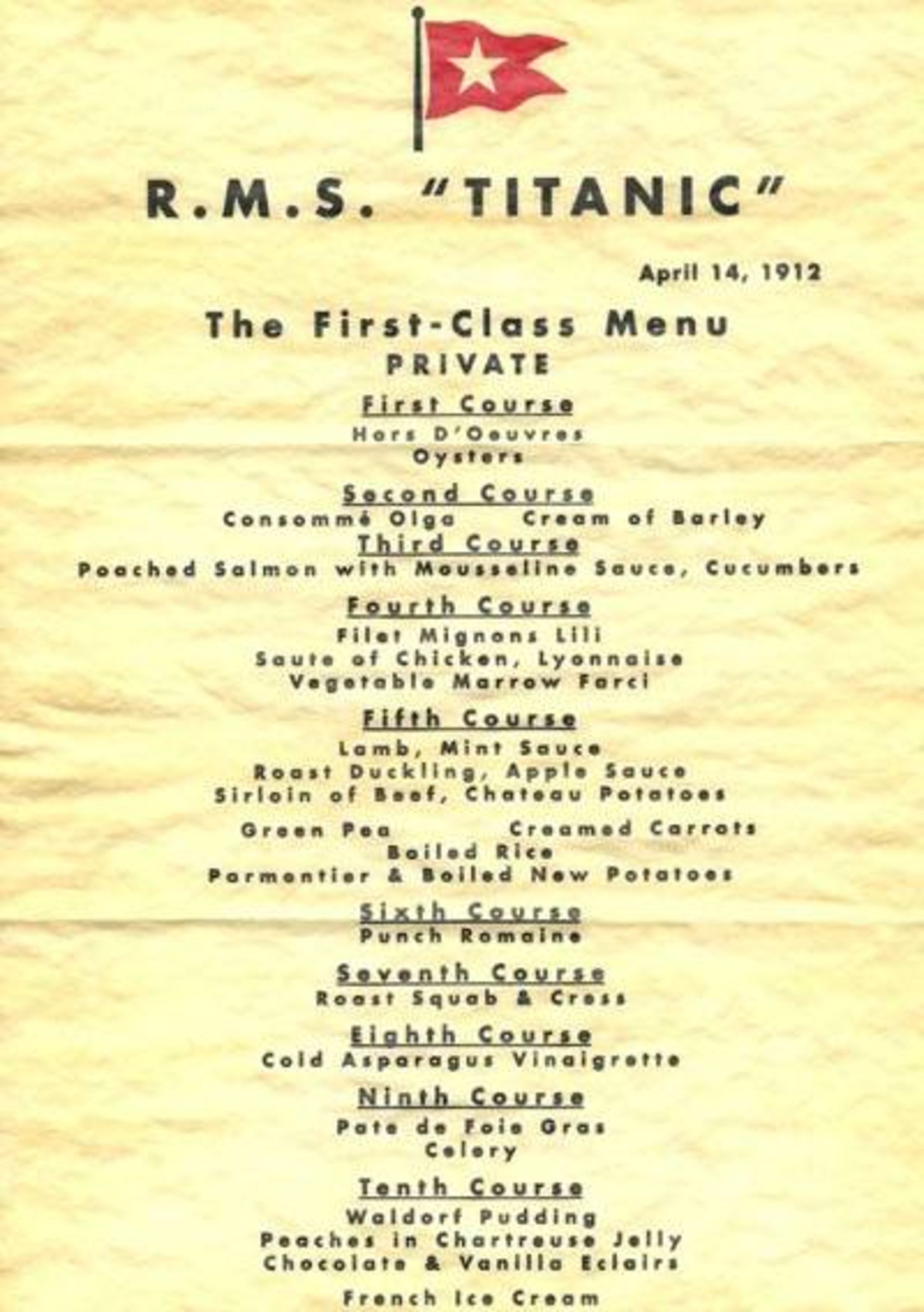 منوی غذای مسافران درجه یک تایتانیک 