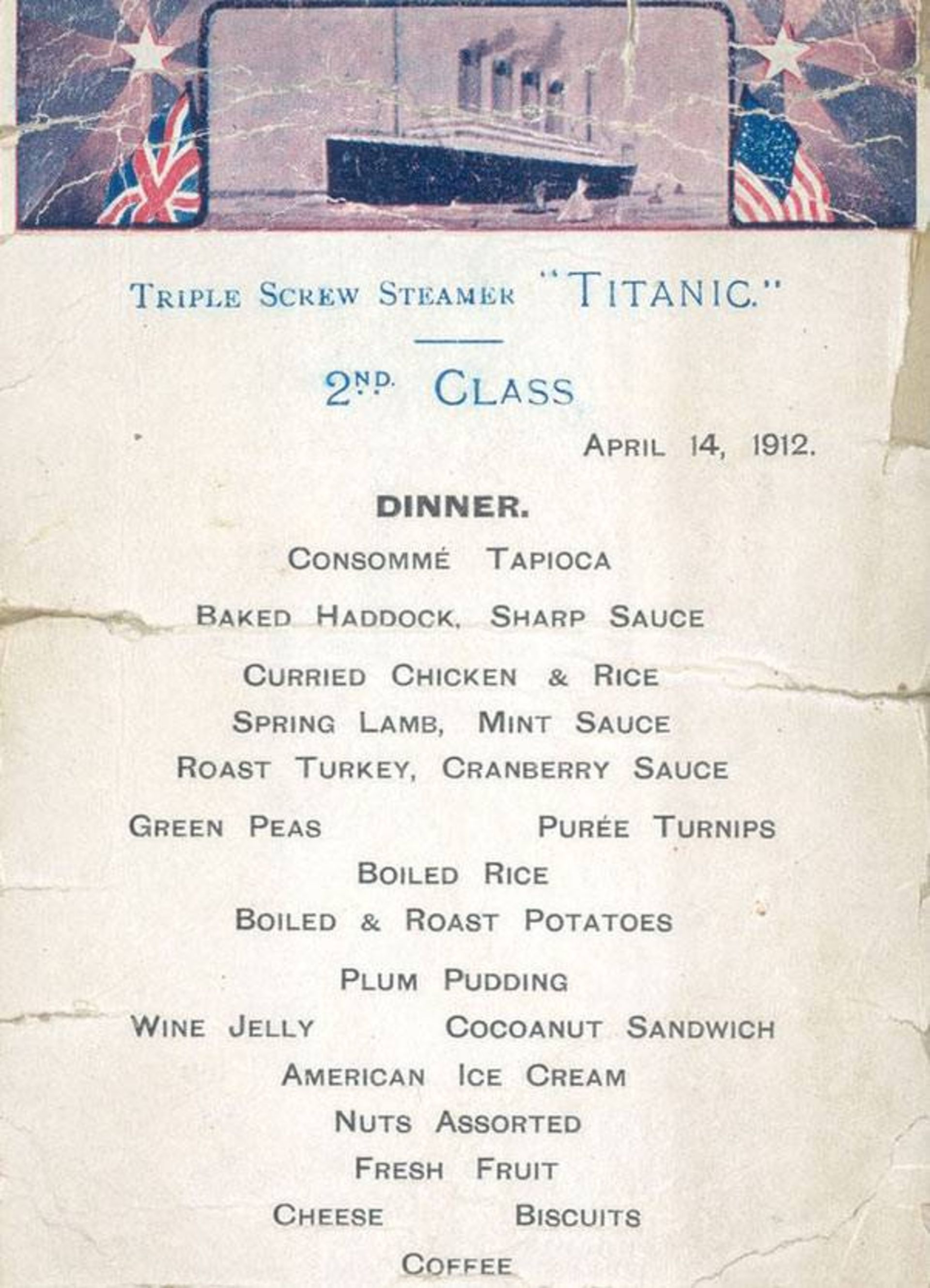 منوی غذای مسافران درجه دو تایتانیک 