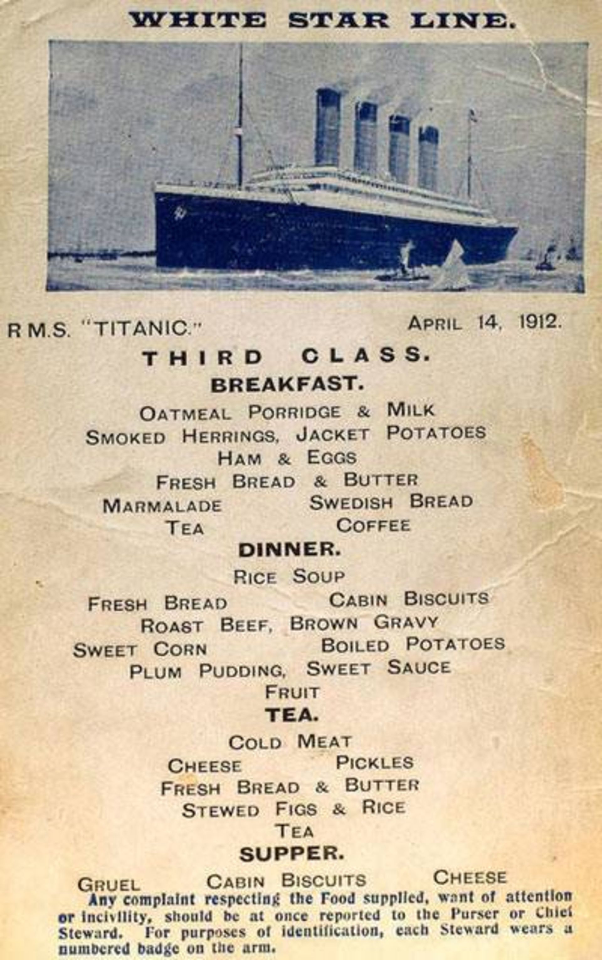 منوی غذای مسافران درجه سه تایتانیک 