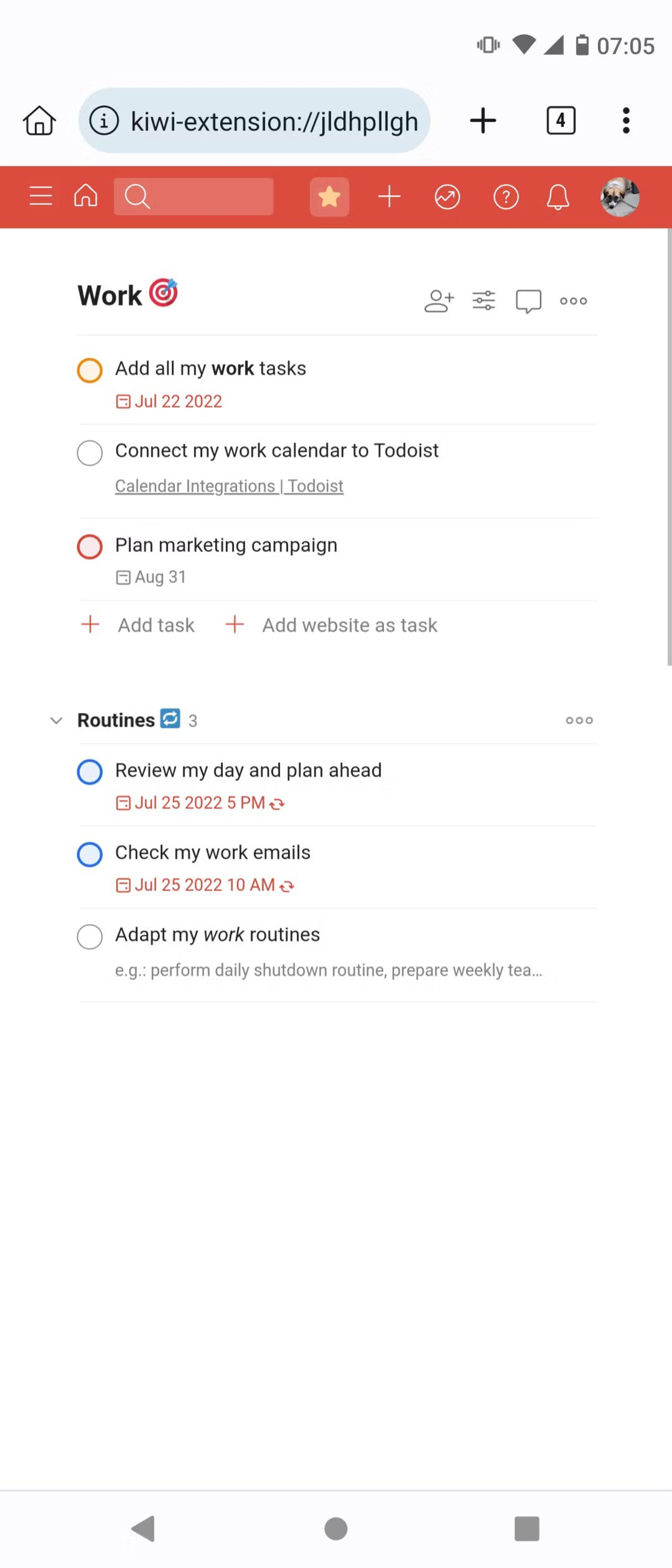 اسکرین‌شات افزونه‌ی Todoist کروم در اندروید