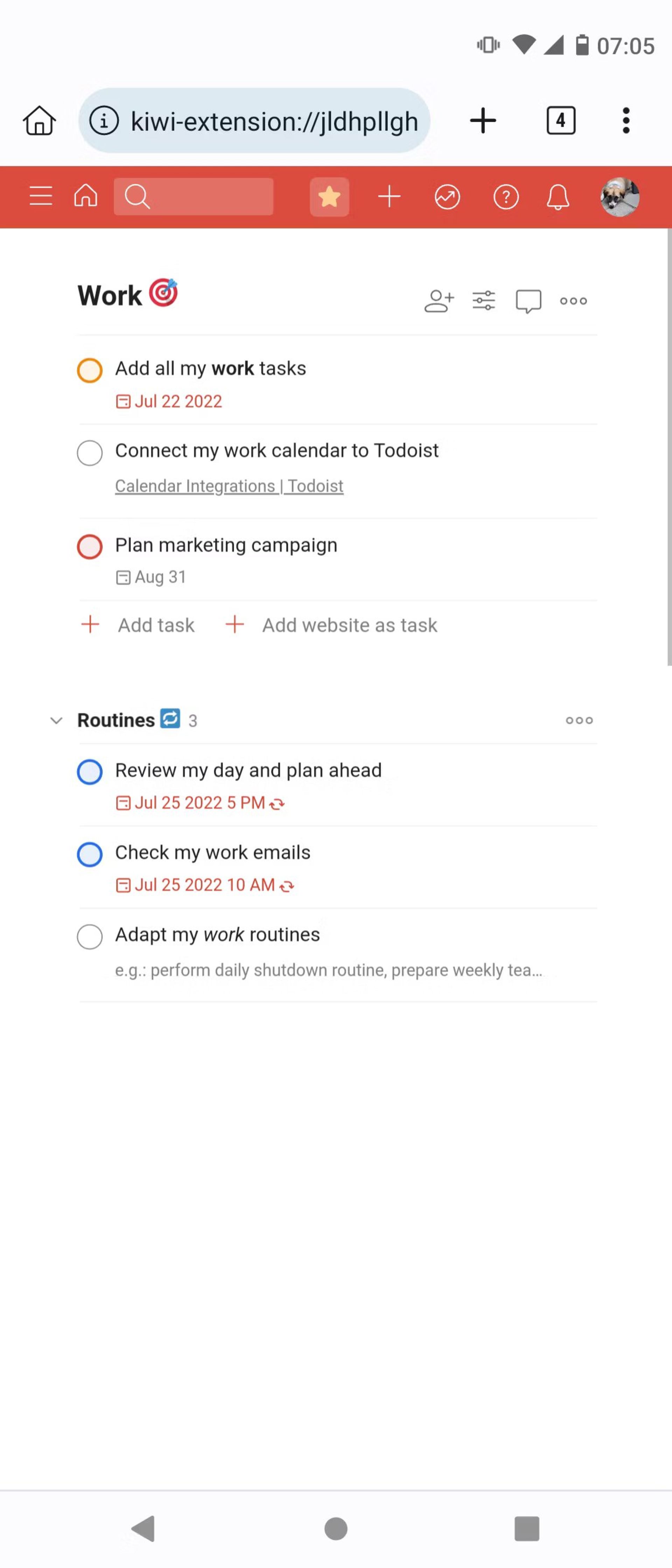 اسکرین‌شات افزونه‌ی Todoist کروم در اندروید