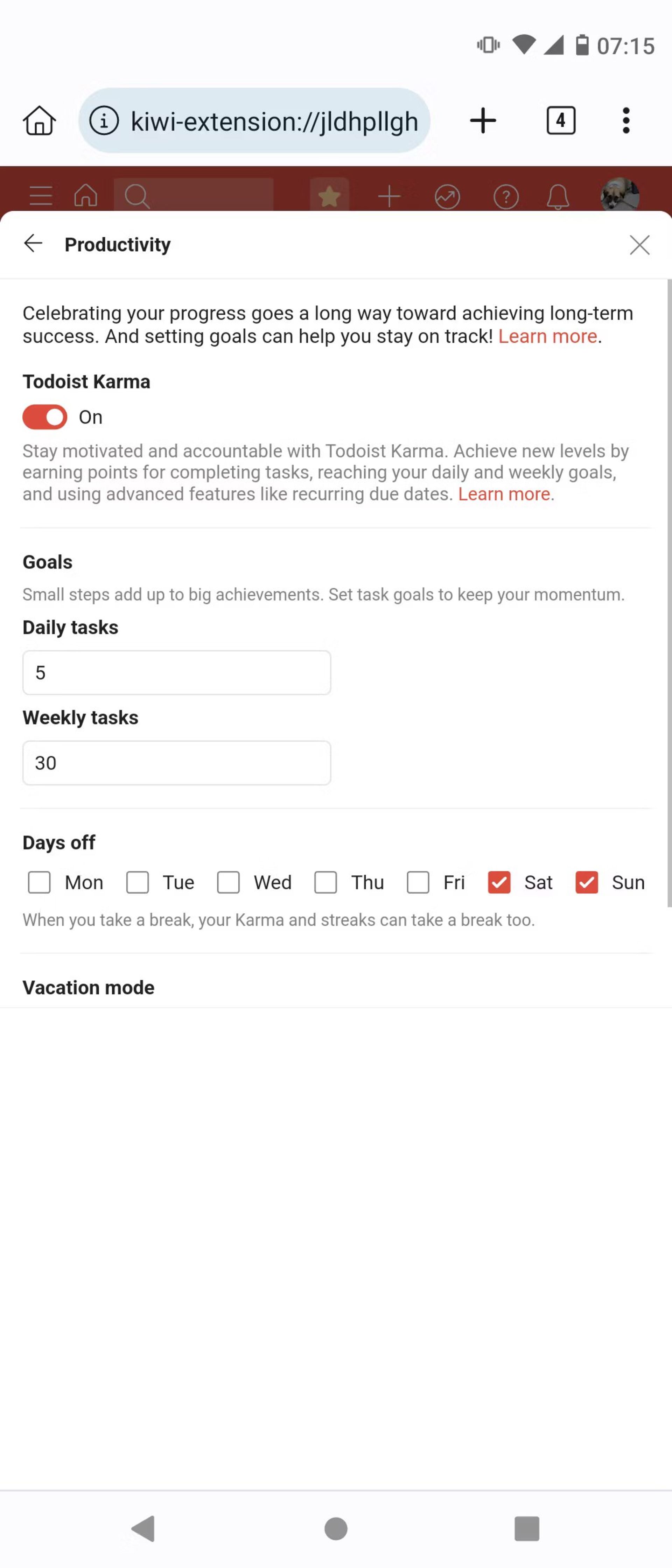 اسکرین‌شات افزونه‌ی Todoist کروم در اندروید