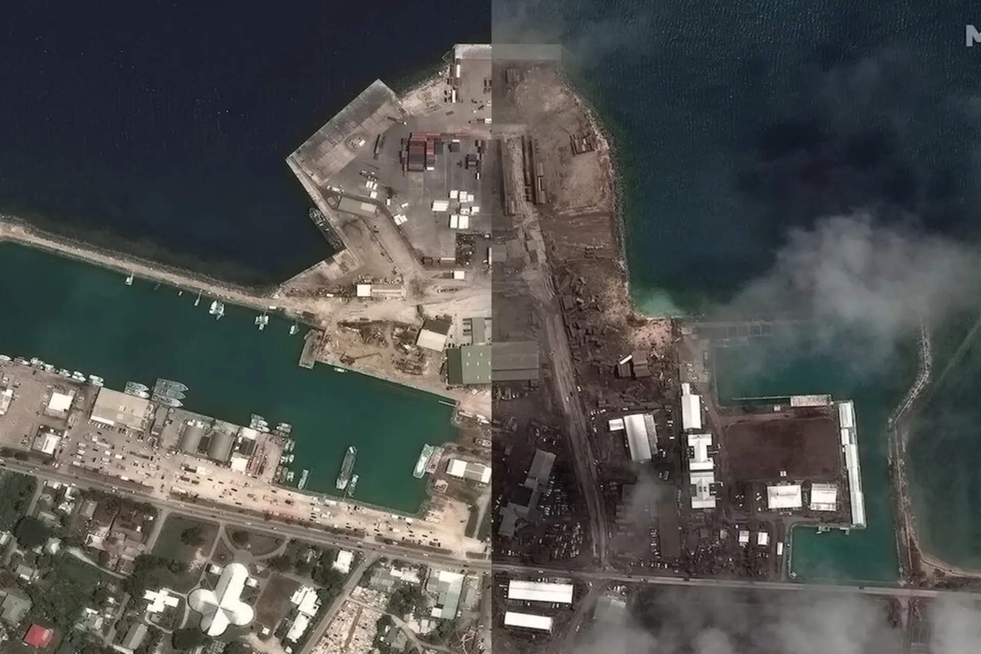 تأسیسات بندری اصلی در نوکوآلوفا تونگا قبل و بعد از آتشفشان سال ۲۰۲۲