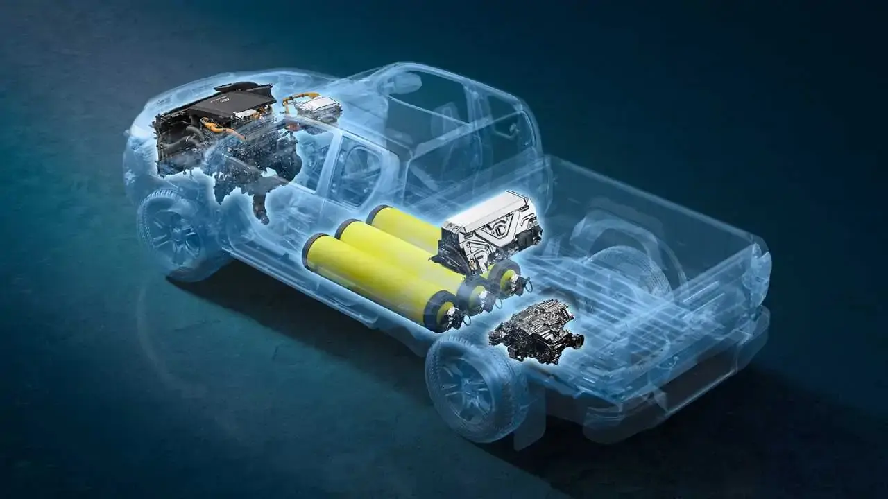 ساختار فنی خودرو تویوتا هایلوکس (Toyota Hilux) با نمایش سلول‌های سوختی و مخازن هیدروژن