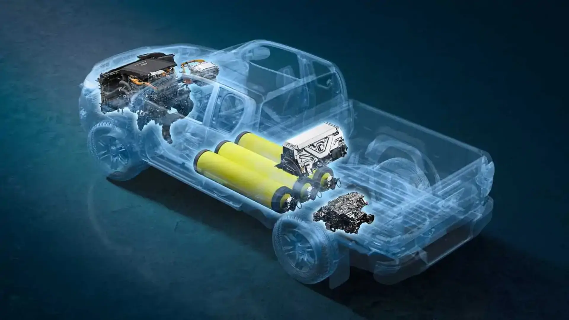 ساختار فنی خودرو تویوتا هایلوکس (Toyota Hilux) با نمایش سلولهای سوختی و مخازن هیدروژن