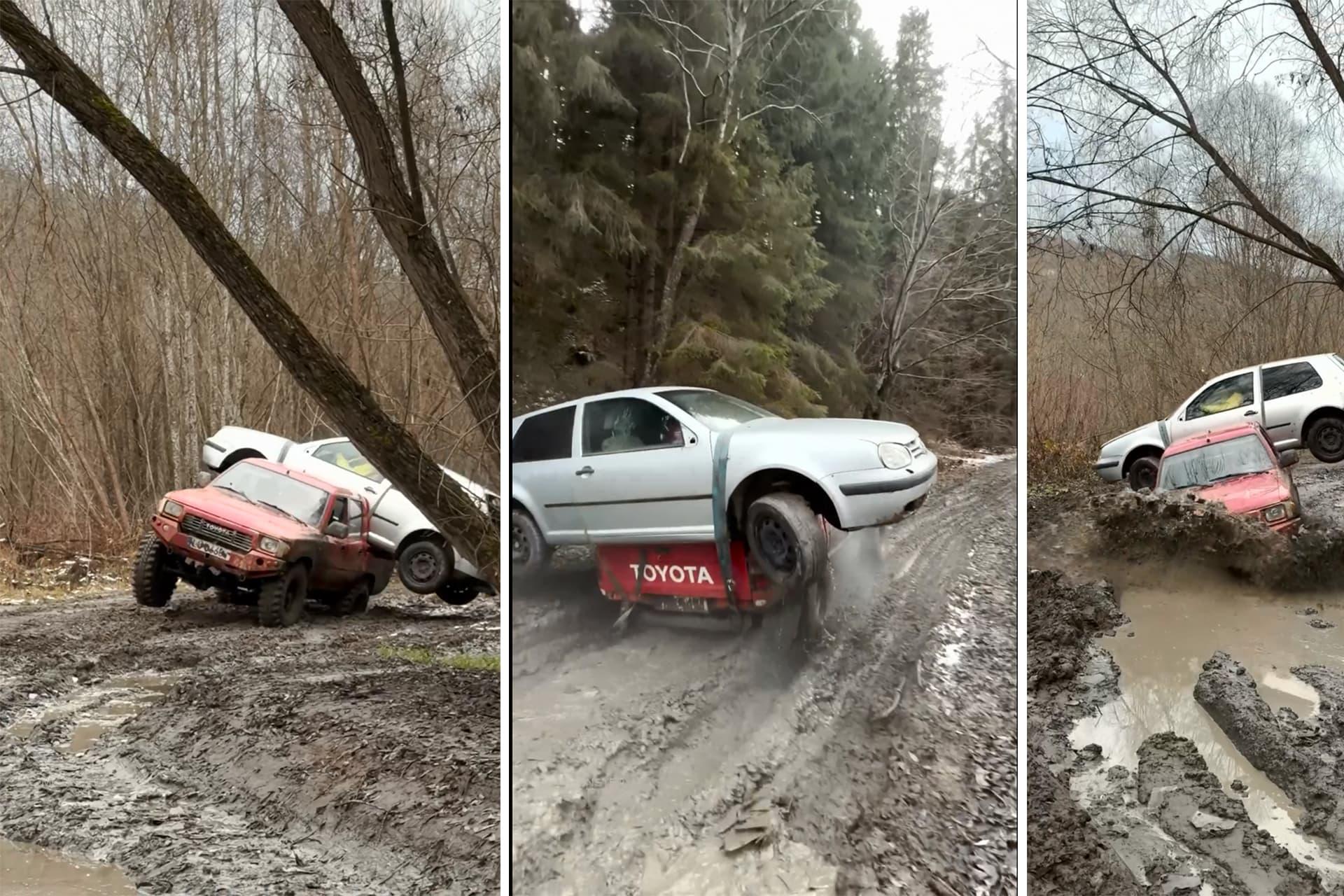 تویوتا هایلوکس در حال حمل خودرو در مسیر گلی