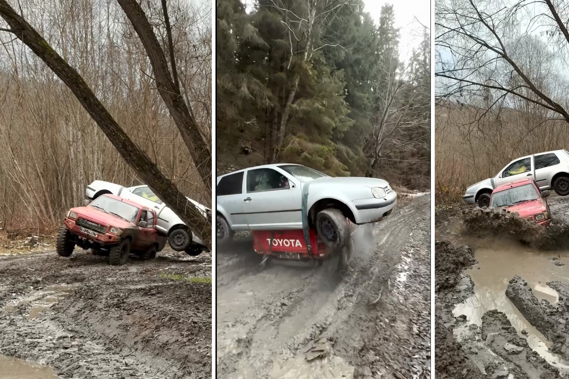 تویوتا هایلوکس در حال حمل خودرو در مسیر گلی