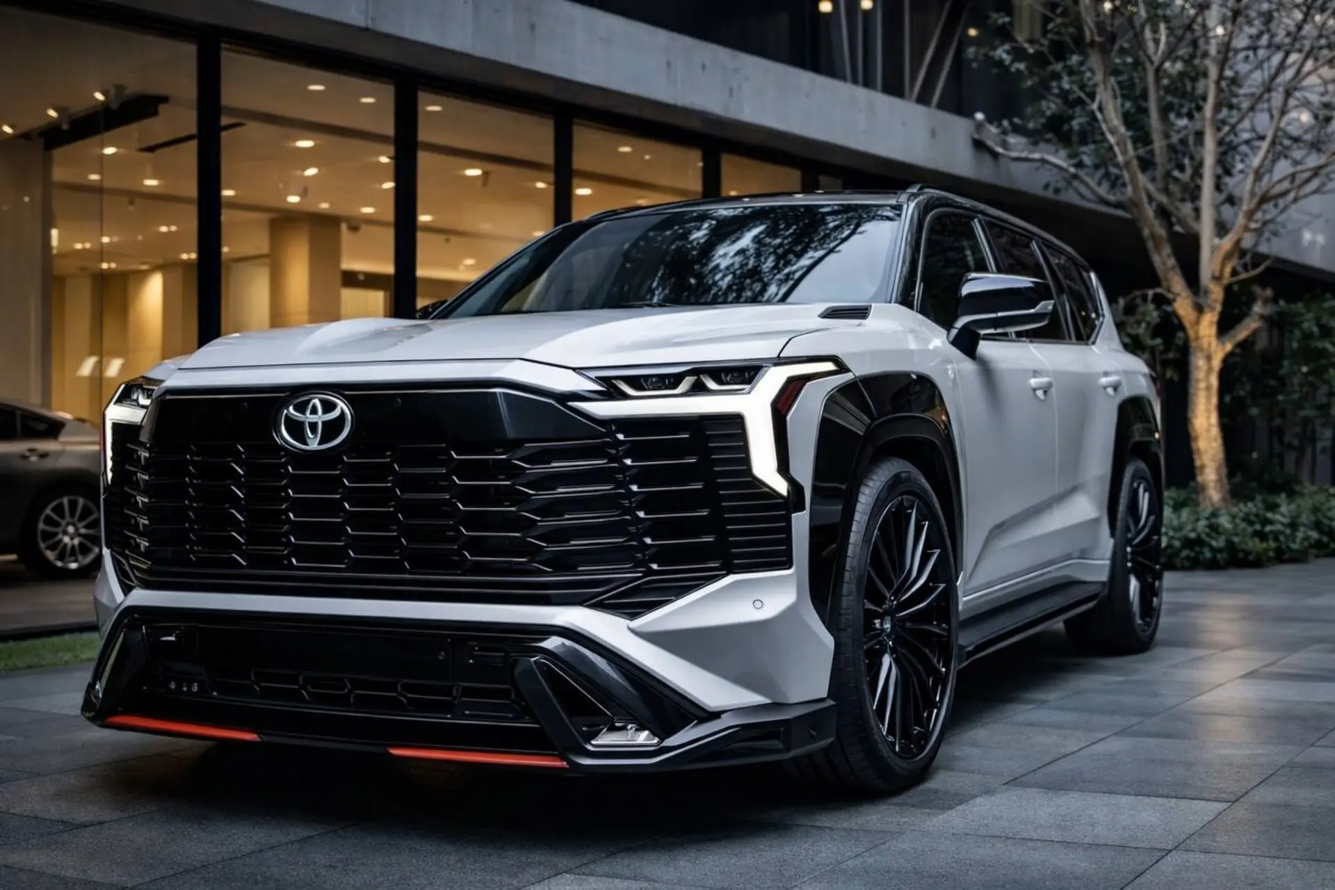 نمای سه‌چهارم جلو خودرو تویوتا لندکروزر ۲۰۲۷ با هوش مصنوعی