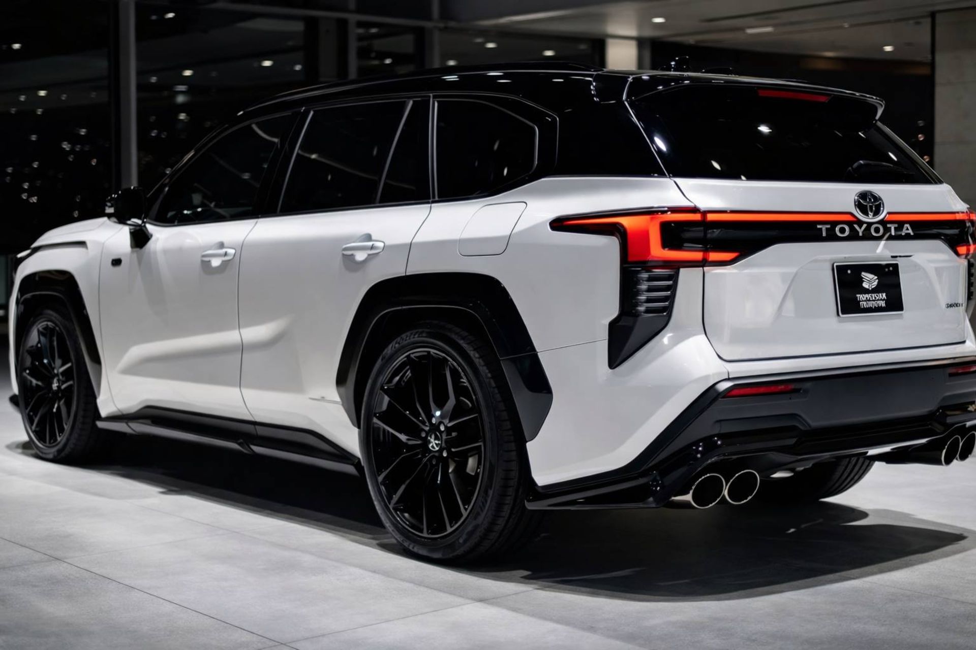 نمای سه‌چهارم عقب خودرو تویوتا لندکروزر ۲۰۲۷ با هوش مصنوعی