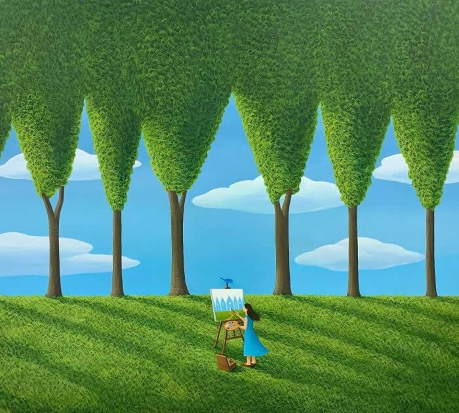 دختری در حال نقاشی در جنگل