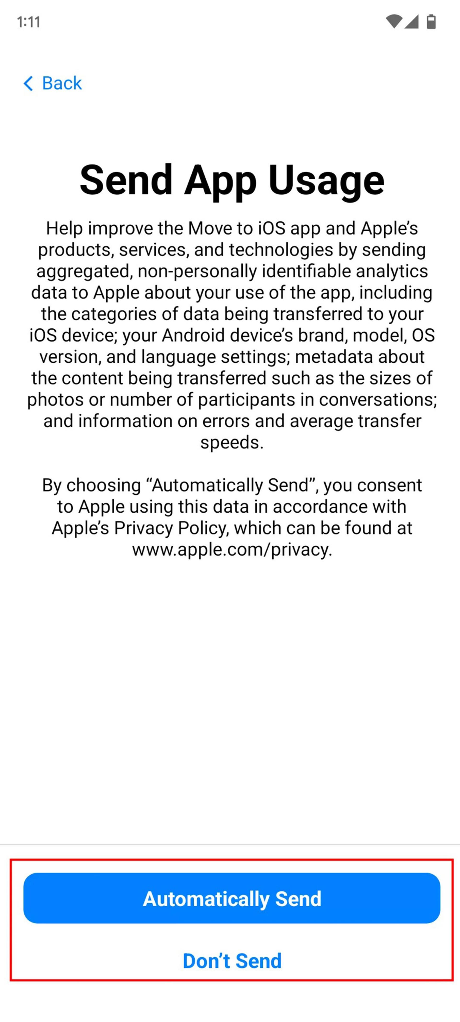 انتقال مخاطبین از اندروید به آیفون با اپلیکیشن Move to iOS مرحله ۴