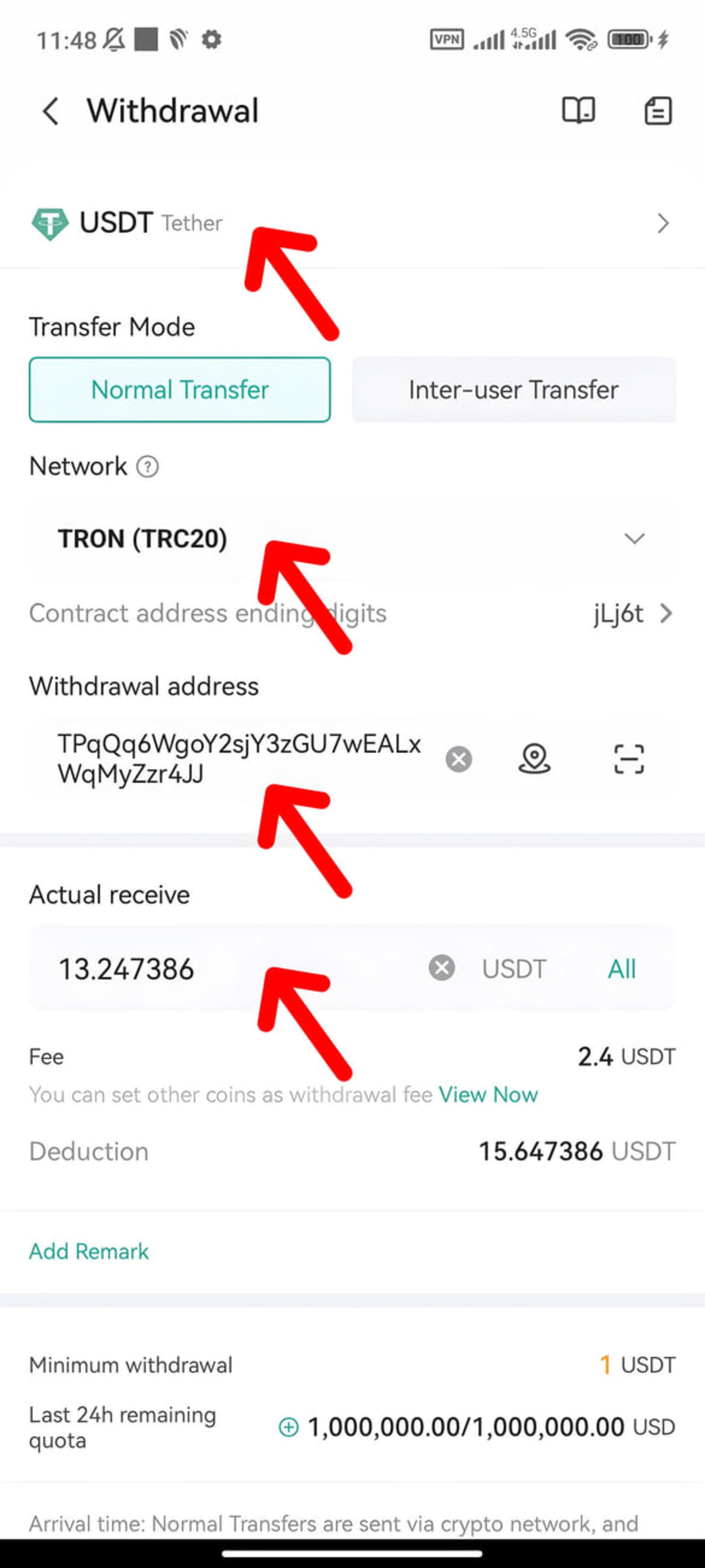 پنل برداشت تتر (USDT) در صرافی کوینکس با شبکه TRON (TRC20)